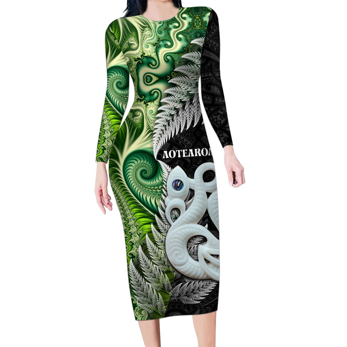 New Zealand Koru Natural Family Matching Long Sleeve Bodycon Dress and Hawaiian Shirt Manaia and Silver Fern Maori Pattern LT03 Mom's Dress Black - Polynesian Pride