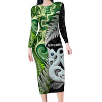 New Zealand Koru Natural Family Matching Long Sleeve Bodycon Dress and Hawaiian Shirt Manaia and Silver Fern Maori Pattern LT03 Mom's Dress Black - Polynesian Pride
