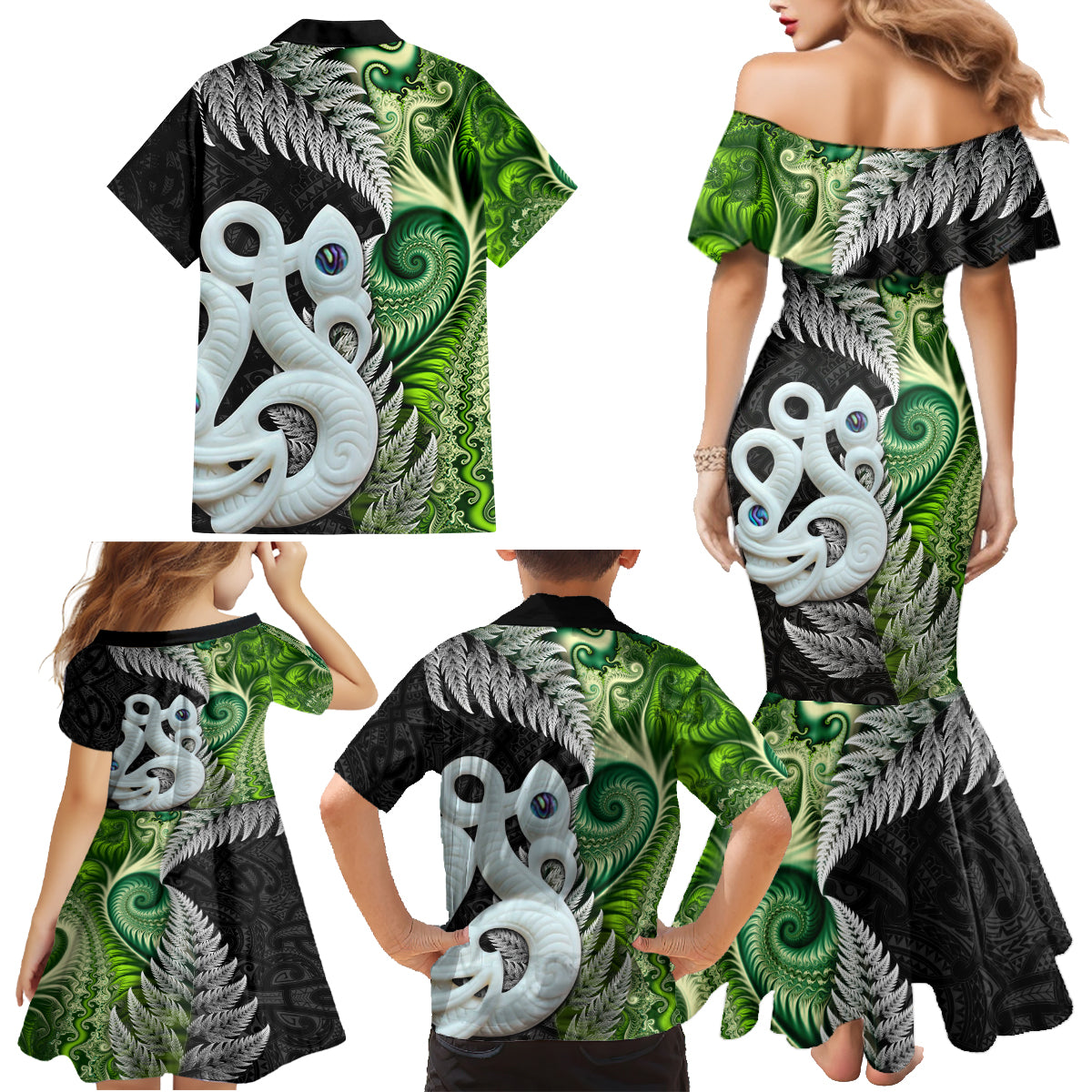 New Zealand Koru Natural Family Matching Mermaid Dress and Hawaiian Shirt Manaia and Silver Fern Maori Pattern LT03 - Polynesian Pride