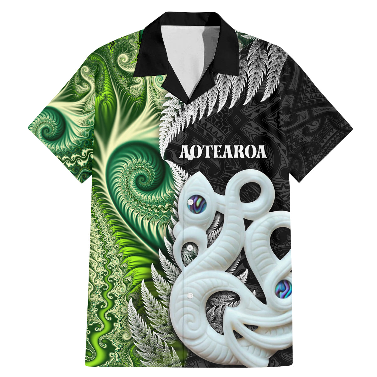 New Zealand Koru Natural Family Matching Mermaid Dress and Hawaiian Shirt Manaia and Silver Fern Maori Pattern LT03 Dad's Shirt - Short Sleeve Black - Polynesian Pride