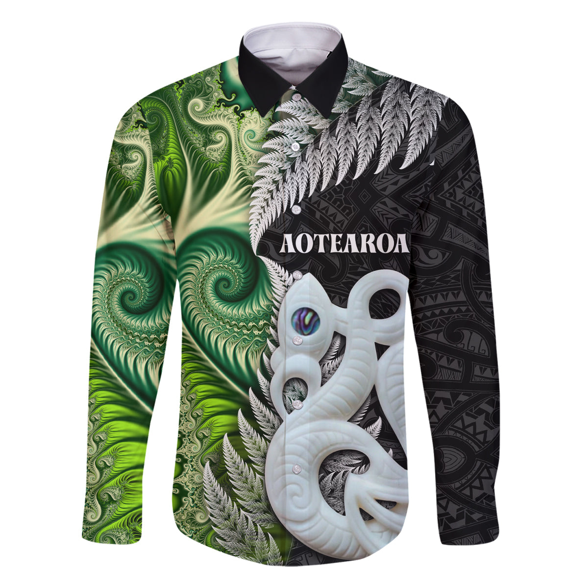 New Zealand Koru Natural Family Matching Mermaid Dress and Hawaiian Shirt Manaia and Silver Fern Maori Pattern LT03 Dad's Shirt - Long Sleeve Black - Polynesian Pride