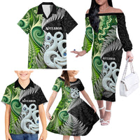 New Zealand Koru Natural Family Matching Off The Shoulder Long Sleeve Dress and Hawaiian Shirt Manaia and Silver Fern Maori Pattern LT03 - Polynesian Pride