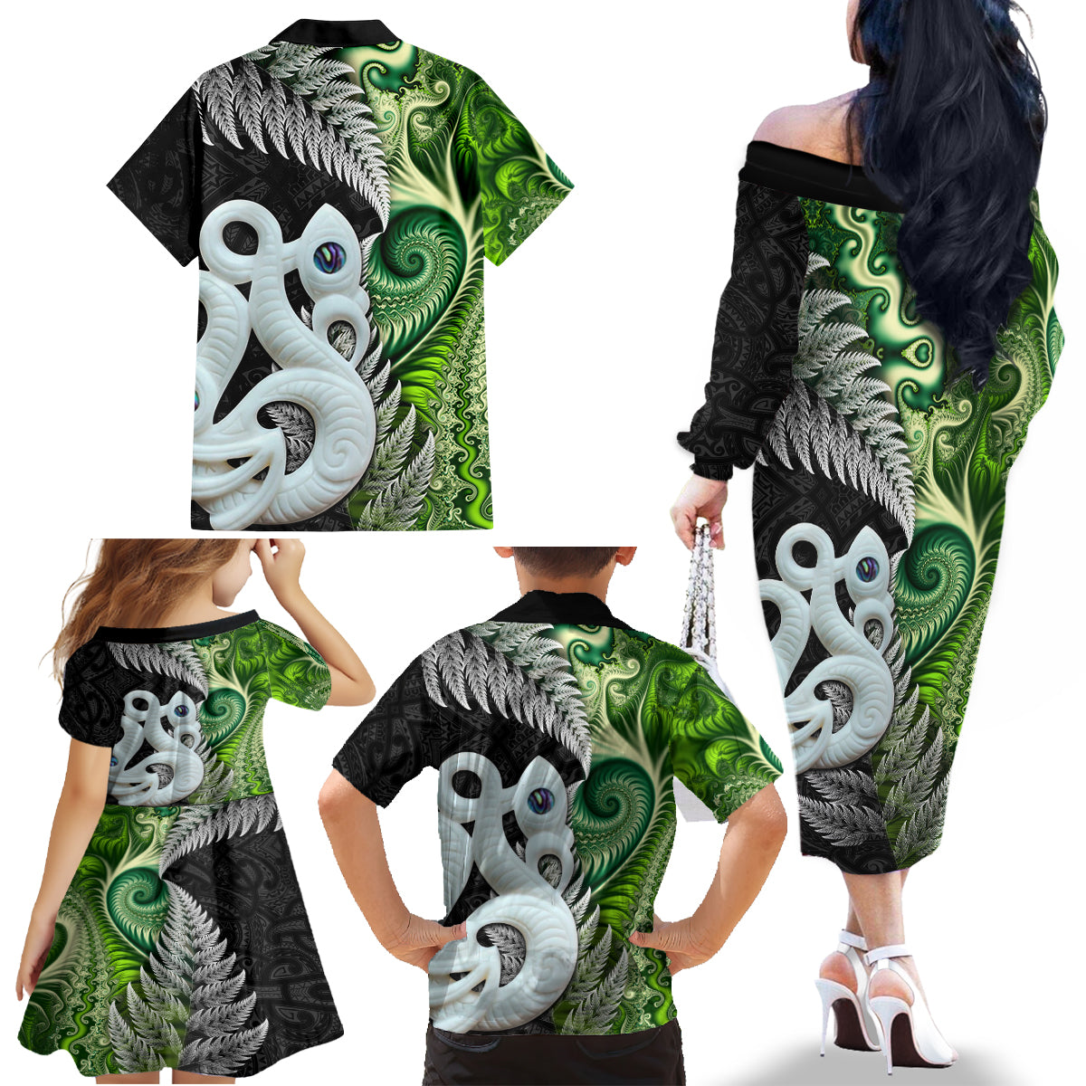 New Zealand Koru Natural Family Matching Off The Shoulder Long Sleeve Dress and Hawaiian Shirt Manaia and Silver Fern Maori Pattern LT03 - Polynesian Pride