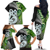 New Zealand Koru Natural Family Matching Off The Shoulder Long Sleeve Dress and Hawaiian Shirt Manaia and Silver Fern Maori Pattern LT03 - Polynesian Pride