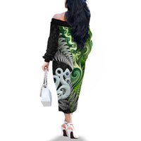 New Zealand Koru Natural Family Matching Off The Shoulder Long Sleeve Dress and Hawaiian Shirt Manaia and Silver Fern Maori Pattern LT03 - Polynesian Pride