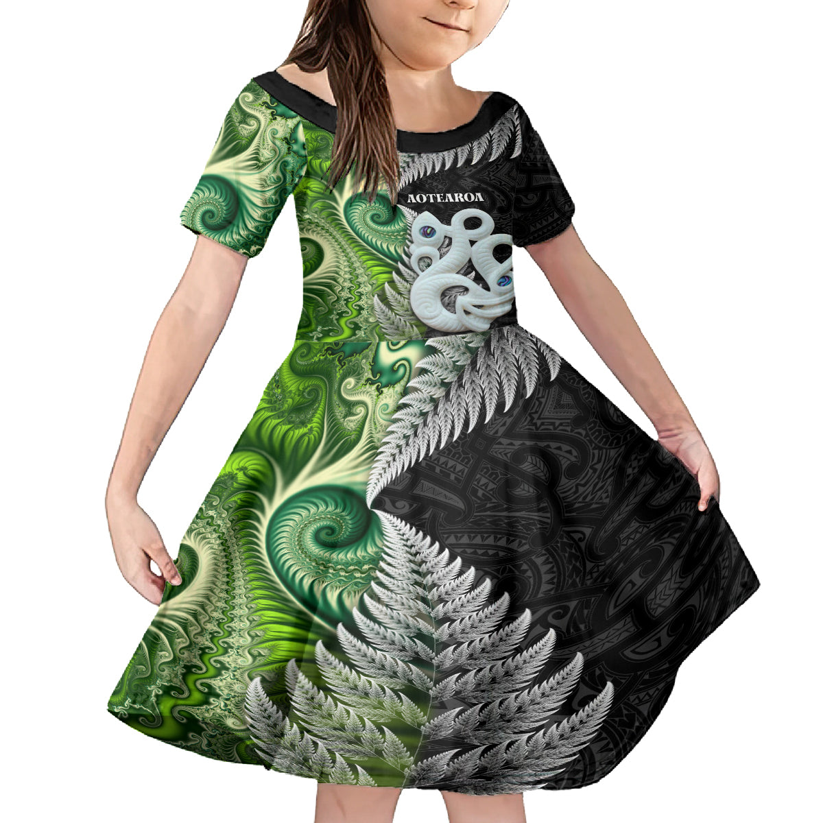 New Zealand Koru Natural Family Matching Off Shoulder Maxi Dress and Hawaiian Shirt Manaia and Silver Fern Maori Pattern LT03 Daughter's Dress Black - Polynesian Pride