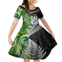 New Zealand Koru Natural Family Matching Off Shoulder Maxi Dress and Hawaiian Shirt Manaia and Silver Fern Maori Pattern LT03 Daughter's Dress Black - Polynesian Pride