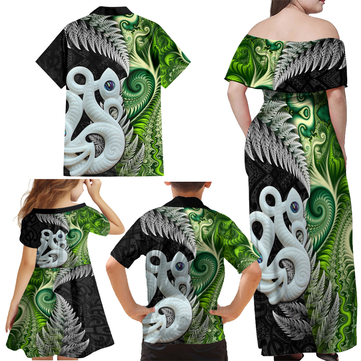 New Zealand Koru Natural Family Matching Off Shoulder Maxi Dress and Hawaiian Shirt Manaia and Silver Fern Maori Pattern LT03 - Polynesian Pride