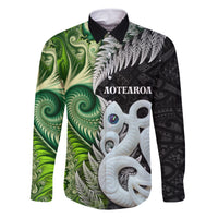 New Zealand Koru Natural Family Matching Off Shoulder Maxi Dress and Hawaiian Shirt Manaia and Silver Fern Maori Pattern LT03 Dad's Shirt - Long Sleeve Black - Polynesian Pride