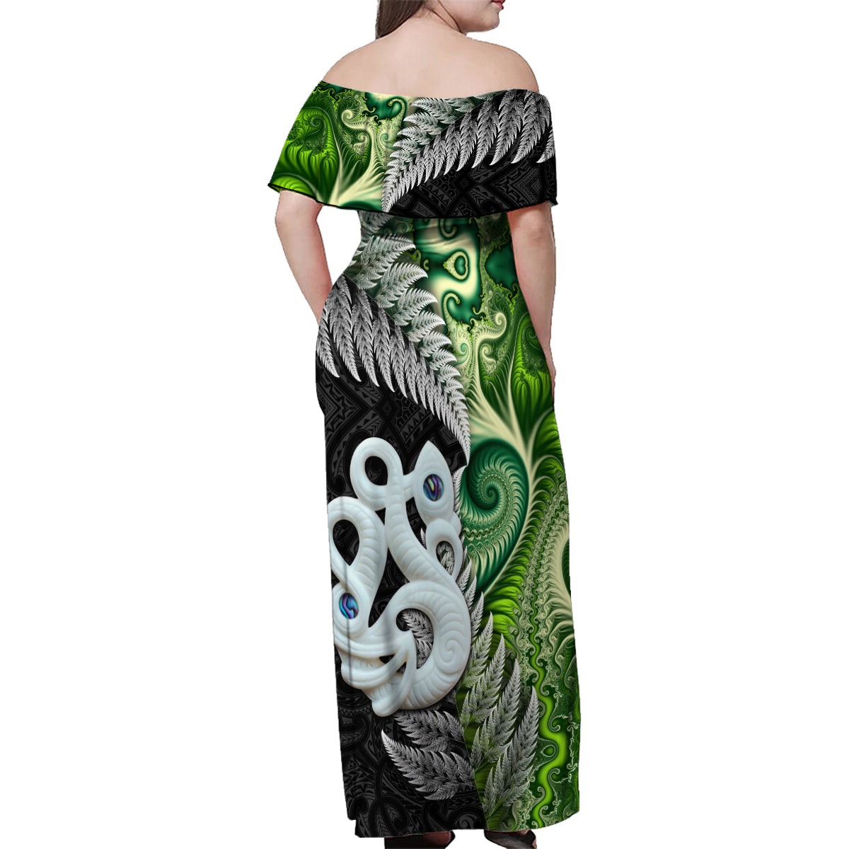 New Zealand Koru Natural Family Matching Off Shoulder Maxi Dress and Hawaiian Shirt Manaia and Silver Fern Maori Pattern LT03 - Polynesian Pride