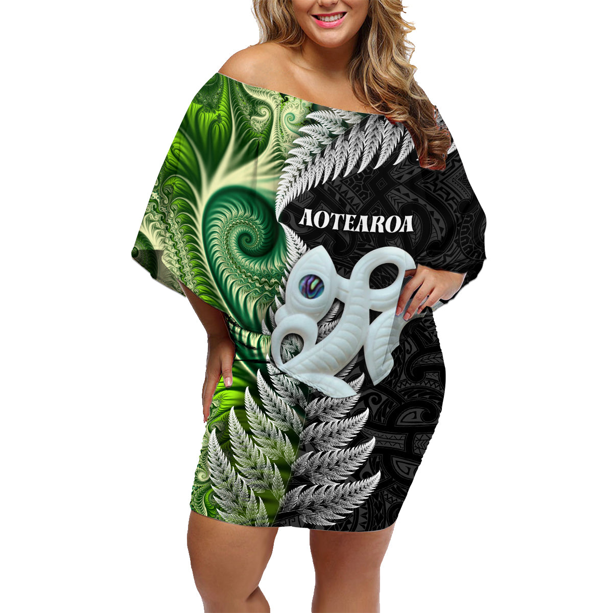 New Zealand Koru Natural Family Matching Off Shoulder Short Dress and Hawaiian Shirt Manaia and Silver Fern Maori Pattern LT03 Mom's Dress Black - Polynesian Pride