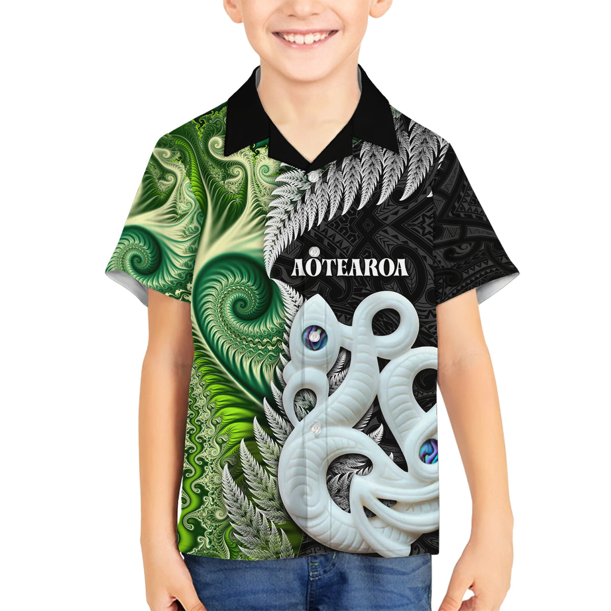 New Zealand Koru Natural Family Matching Off Shoulder Short Dress and Hawaiian Shirt Manaia and Silver Fern Maori Pattern LT03 Son's Shirt Black - Polynesian Pride