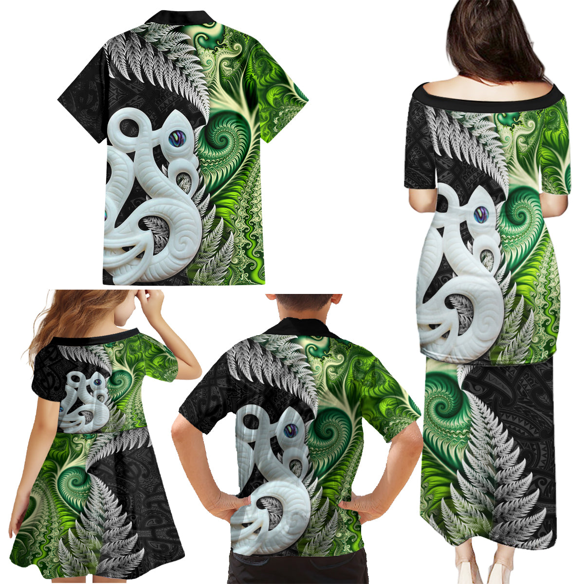 New Zealand Koru Natural Family Matching Puletasi and Hawaiian Shirt Manaia and Silver Fern Maori Pattern LT03 - Polynesian Pride