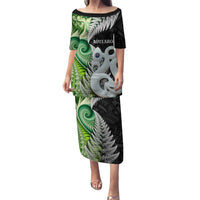 New Zealand Koru Natural Family Matching Puletasi and Hawaiian Shirt Manaia and Silver Fern Maori Pattern LT03 Mom's Dress Black - Polynesian Pride