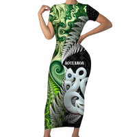 New Zealand Koru Natural Family Matching Short Sleeve Bodycon Dress and Hawaiian Shirt Manaia and Silver Fern Maori Pattern LT03 Mom's Dress Black - Polynesian Pride