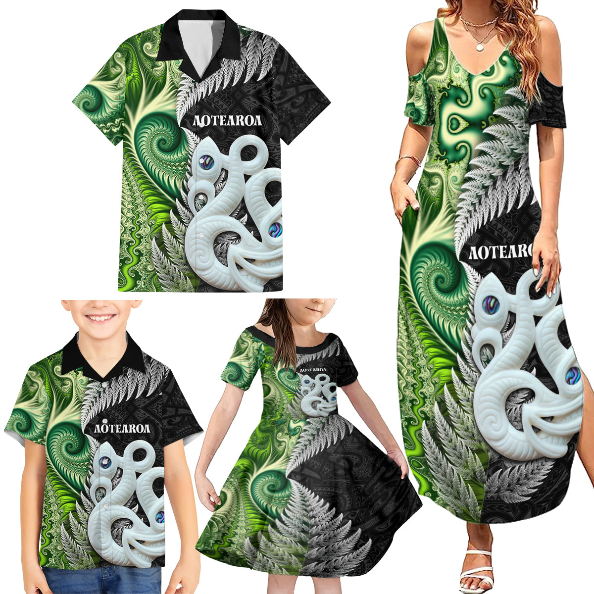 New Zealand Koru Natural Family Matching Summer Maxi Dress and Hawaiian Shirt Manaia and Silver Fern Maori Pattern LT03 - Polynesian Pride