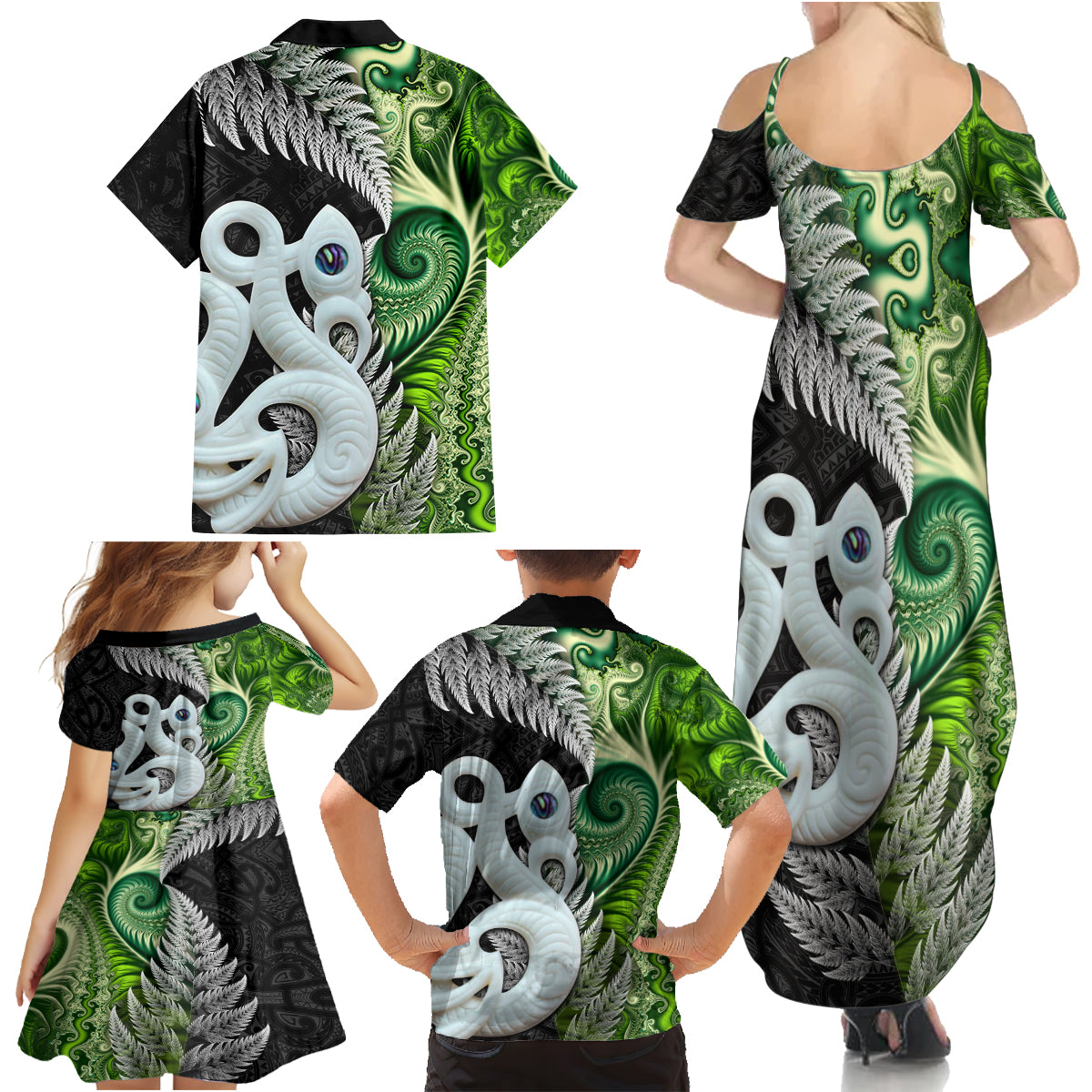 New Zealand Koru Natural Family Matching Summer Maxi Dress and Hawaiian Shirt Manaia and Silver Fern Maori Pattern LT03 - Polynesian Pride