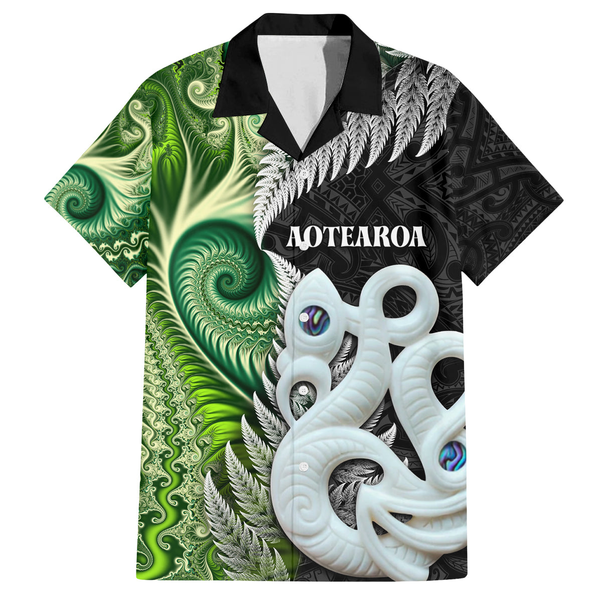 New Zealand Koru Natural Family Matching Tank Maxi Dress and Hawaiian Shirt Manaia and Silver Fern Maori Pattern LT03 Dad's Shirt - Short Sleeve Black - Polynesian Pride