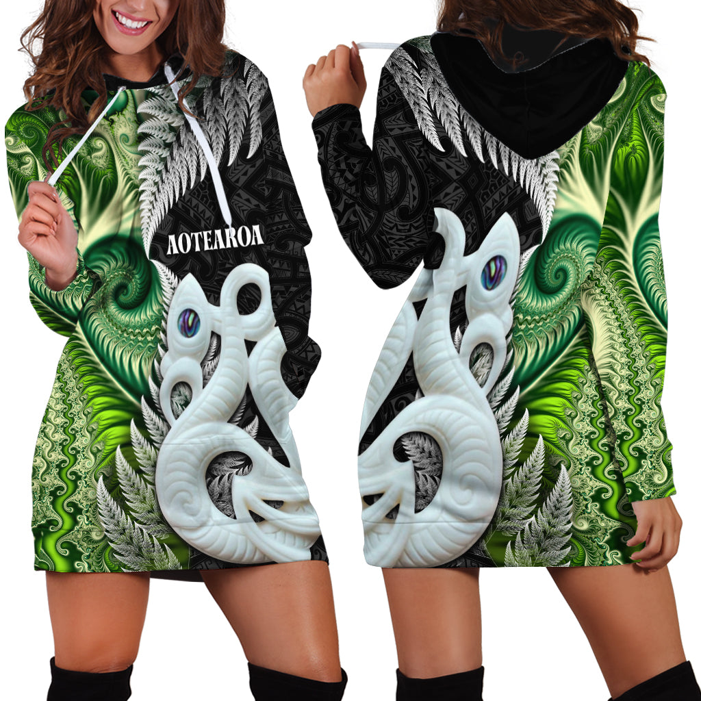 New Zealand Koru Natural Hoodie Dress Manaia and Silver Fern Maori Pattern