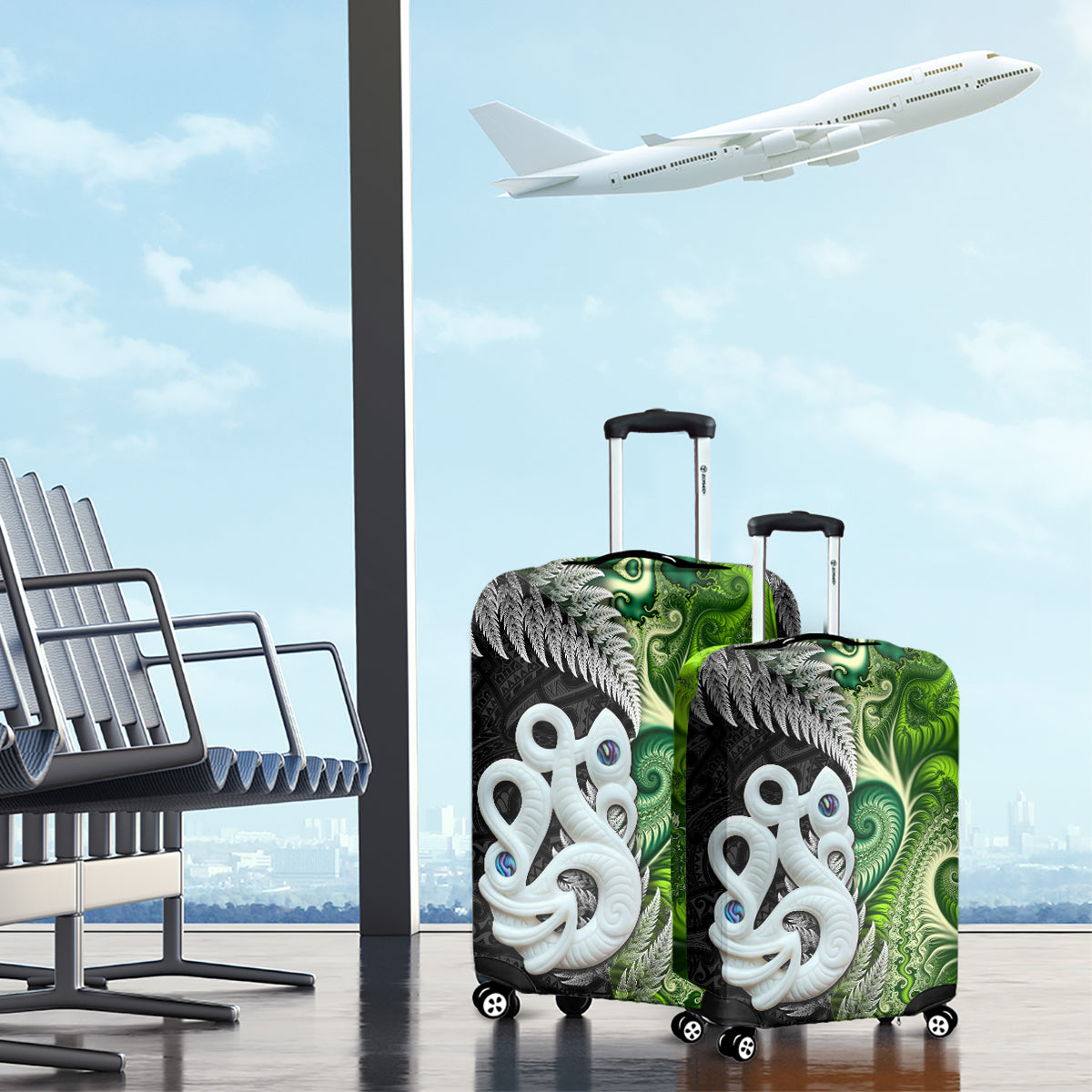 New Zealand Koru Natural Luggage Cover Manaia and Silver Fern Maori Pattern