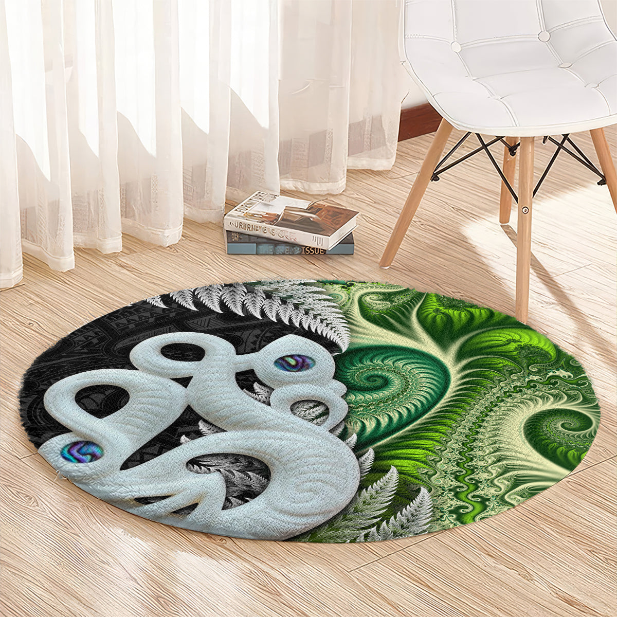 New Zealand Koru Natural Round Carpet Manaia and Silver Fern Maori Pattern