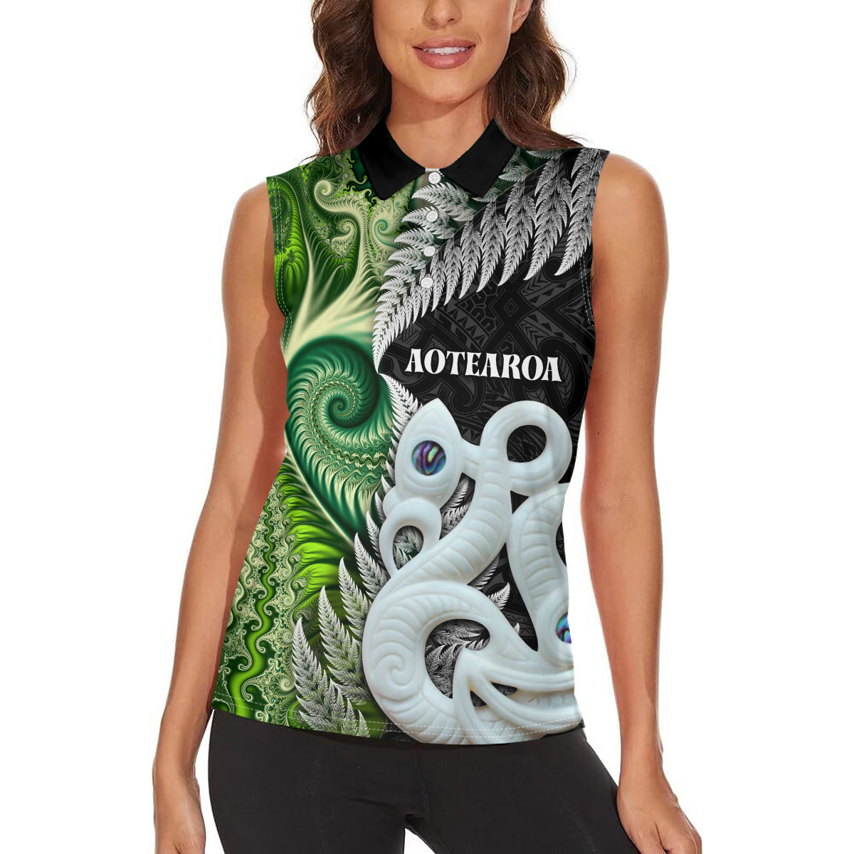 New Zealand Koru Natural Women Sleeveless Polo Shirt Manaia and Silver Fern Maori Pattern