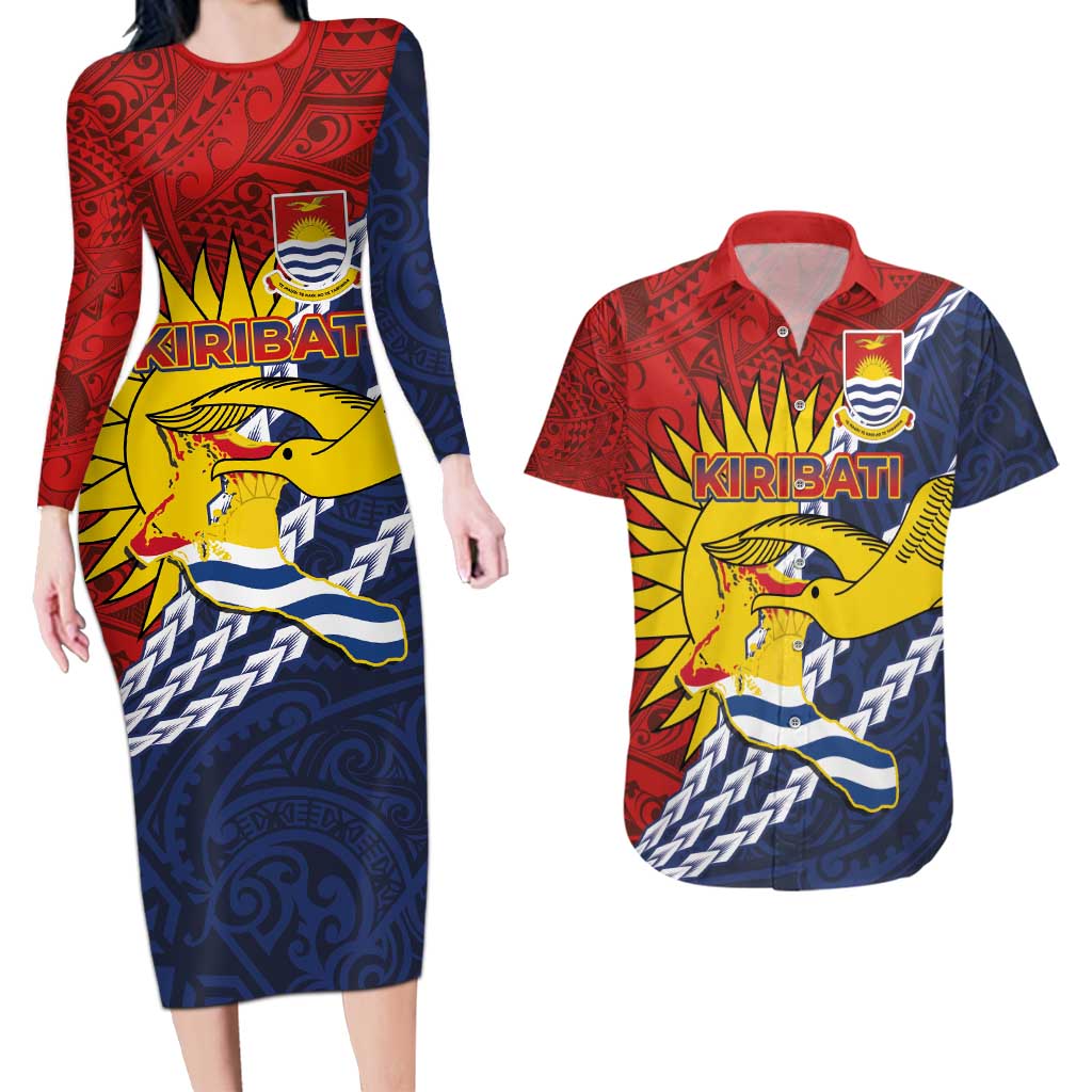 Kiribati Independence Day Couples Matching Long Sleeve Bodycon Dress and Hawaiian Shirt Polynesian and Melanesian Art Tattoo LT03 Red - Polynesian Pride