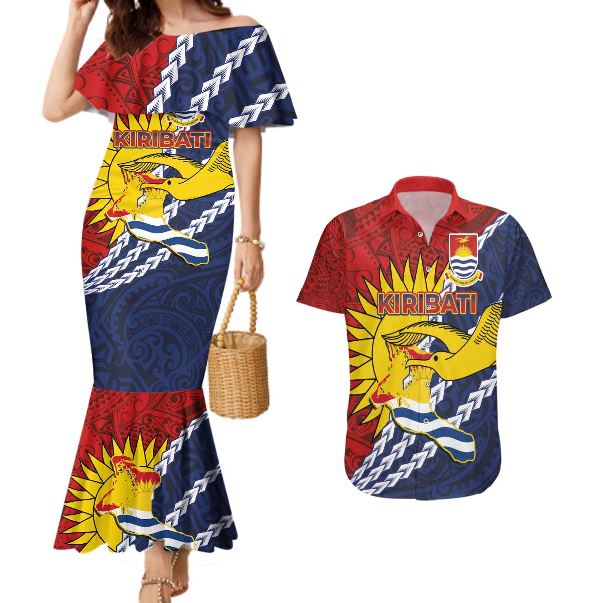 Kiribati Independence Day Couples Matching Mermaid Dress and Hawaiian Shirt Polynesian and Melanesian Art Tattoo LT03 Red - Polynesian Pride