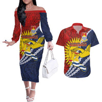 Kiribati Independence Day Couples Matching Off The Shoulder Long Sleeve Dress and Hawaiian Shirt Polynesian and Melanesian Art Tattoo LT03 Red - Polynesian Pride