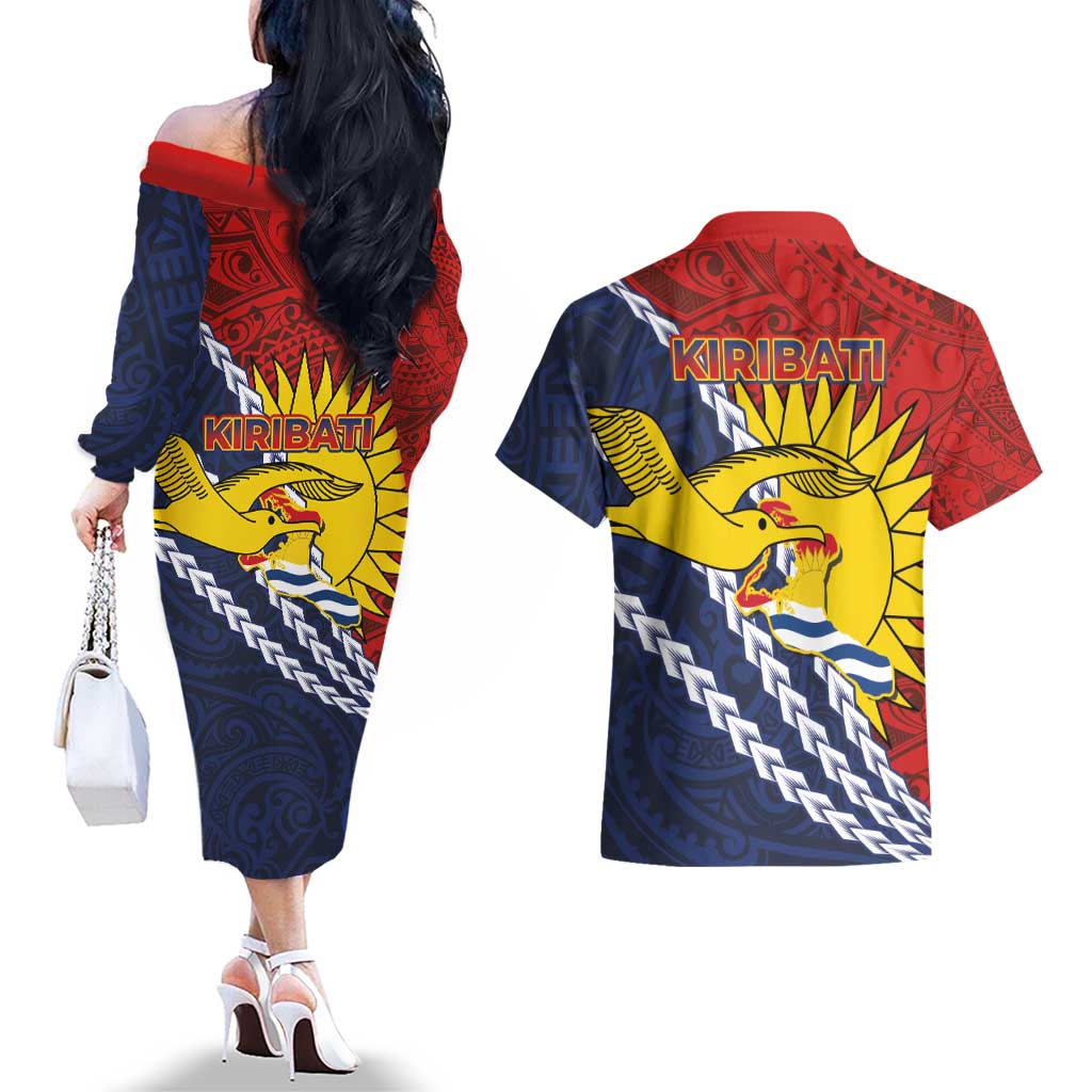 Kiribati Independence Day Couples Matching Off The Shoulder Long Sleeve Dress and Hawaiian Shirt Polynesian and Melanesian Art Tattoo LT03 - Polynesian Pride
