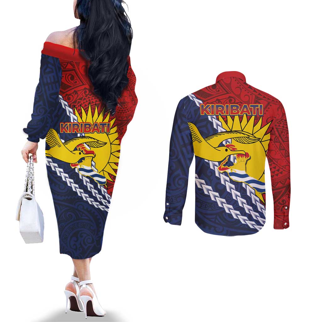 Kiribati Independence Day Couples Matching Off The Shoulder Long Sleeve Dress and Long Sleeve Button Shirt Polynesian and Melanesian Art Tattoo