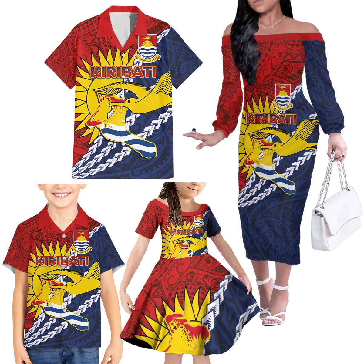 Kiribati Independence Day Family Matching Off The Shoulder Long Sleeve Dress and Hawaiian Shirt Polynesian and Melanesian Art Tattoo LT03 - Polynesian Pride