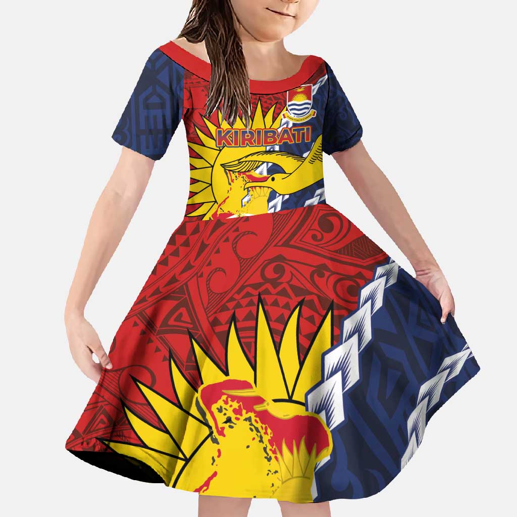 Kiribati Independence Day Family Matching Off Shoulder Maxi Dress and Hawaiian Shirt Polynesian and Melanesian Art Tattoo LT03 Daughter's Dress Red - Polynesian Pride