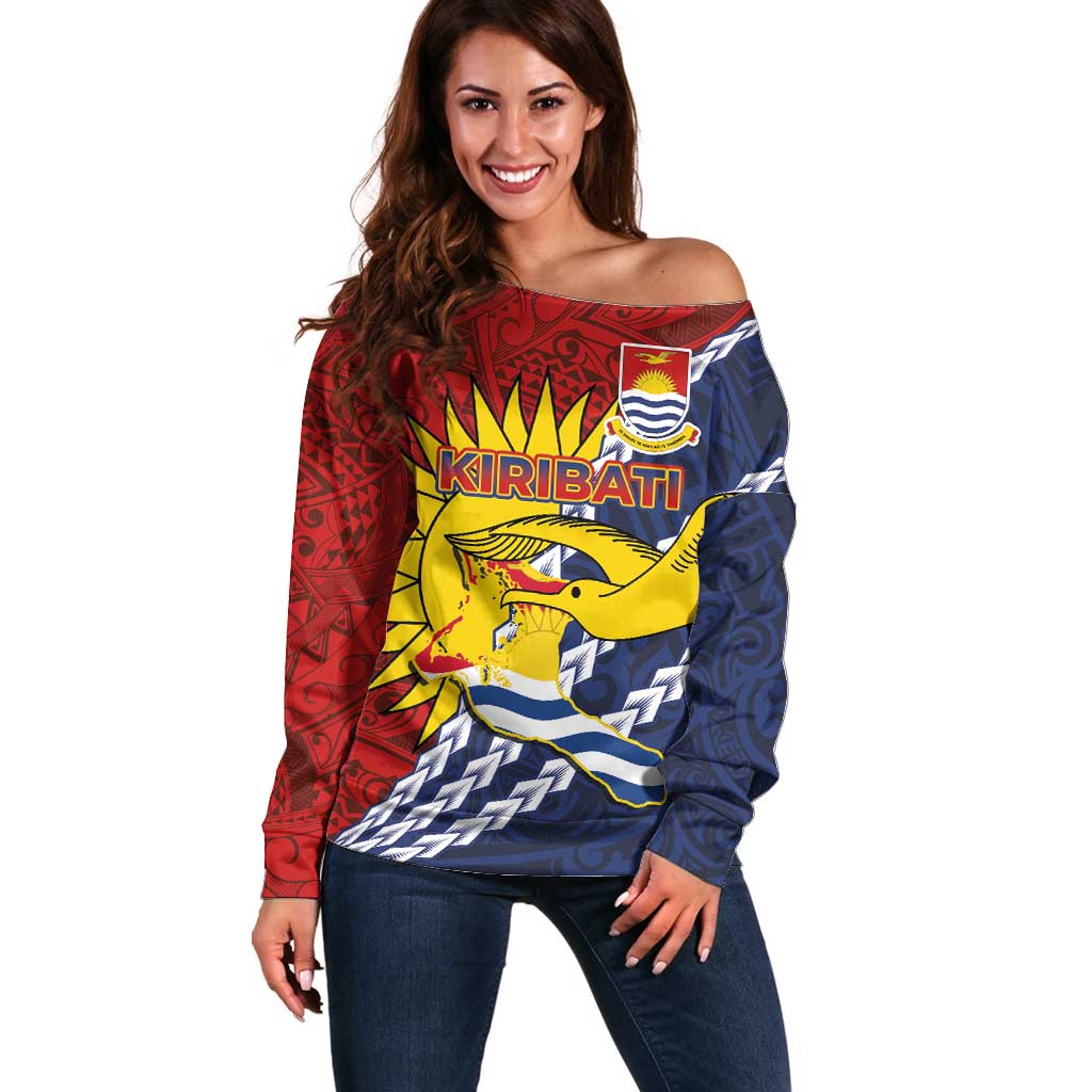 Kiribati Independence Day Off Shoulder Sweater Polynesian and Melanesian Art Tattoo LT03 Women Red - Polynesian Pride