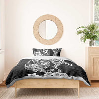 Guam Dolphins Tribal Tattoo Bedding Set Polynesian Art and Tropical Flower Grayscale