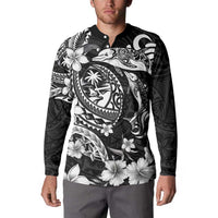 Guam Dolphins Tribal Tattoo Button Sweatshirt Polynesian Art and Tropical Flower Grayscale