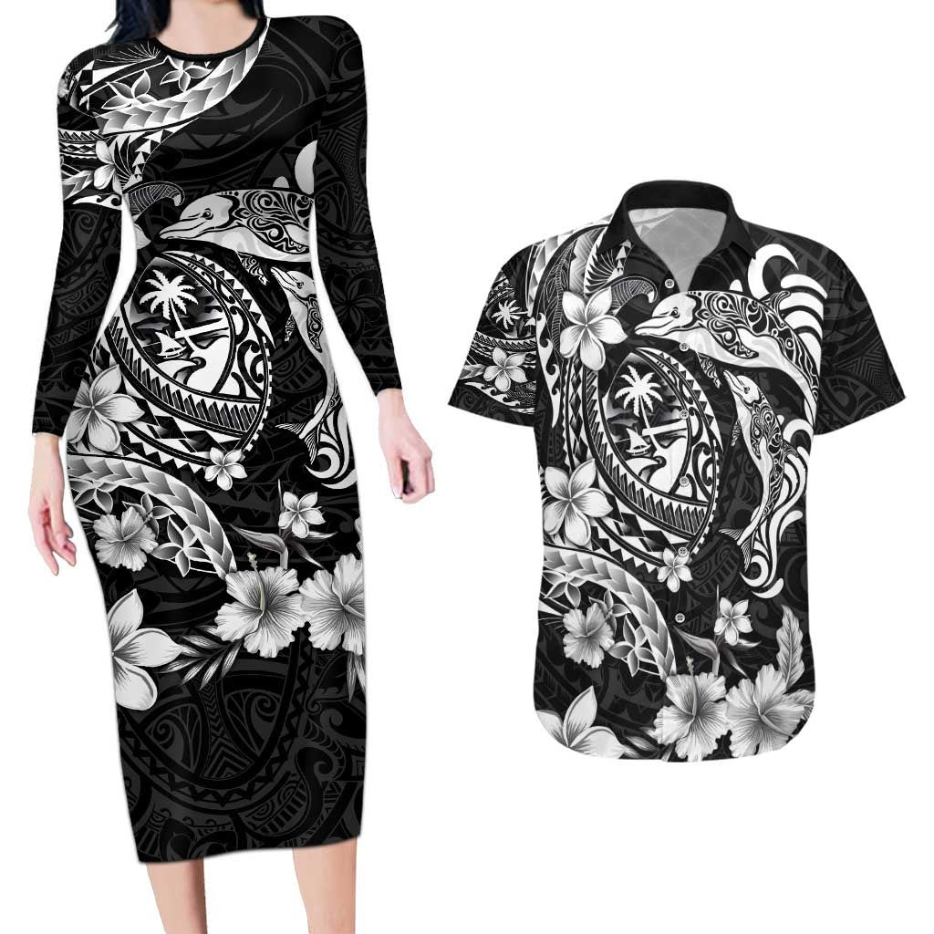 Guam Dolphins Tribal Tattoo Couples Matching Long Sleeve Bodycon Dress and Hawaiian Shirt Polynesian Art and Tropical Flower Grayscale