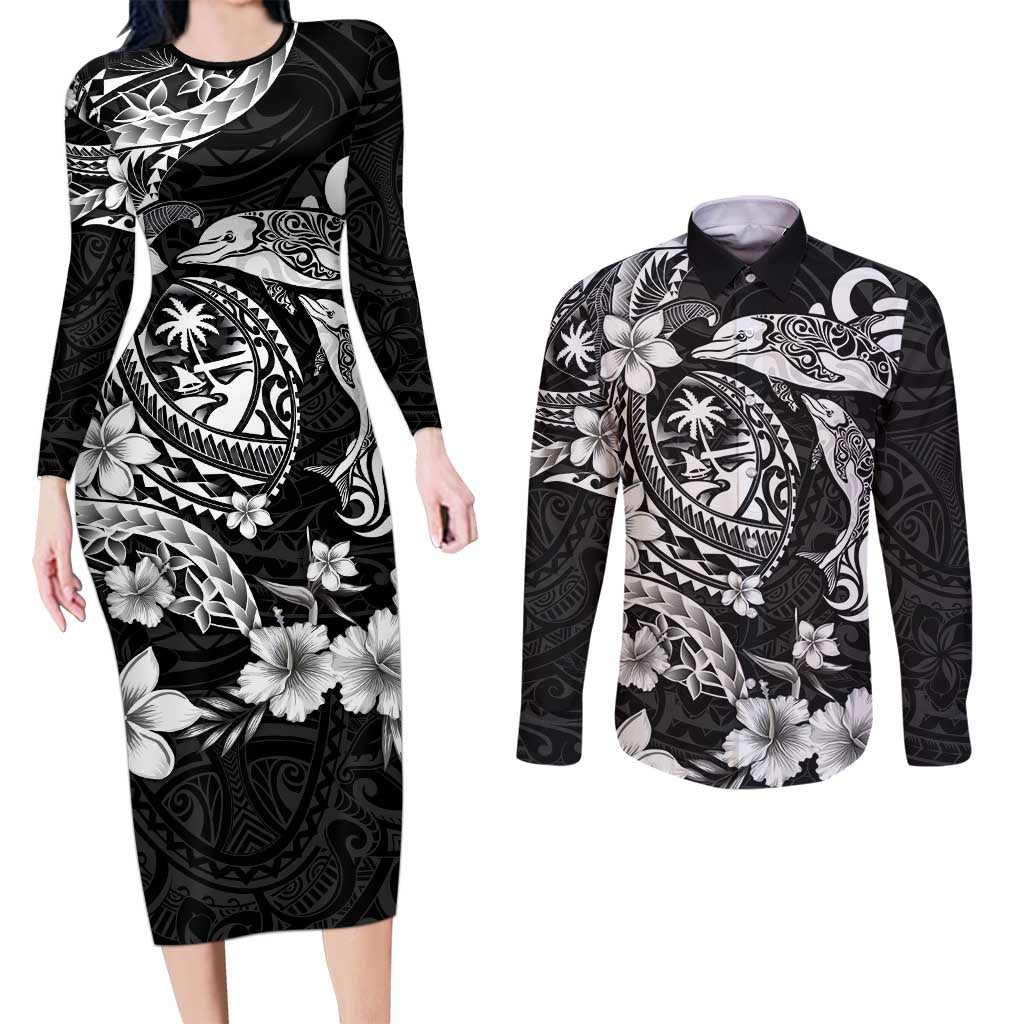 Guam Dolphins Tribal Tattoo Couples Matching Long Sleeve Bodycon Dress and Long Sleeve Button Shirt Polynesian Art and Tropical Flower Grayscale