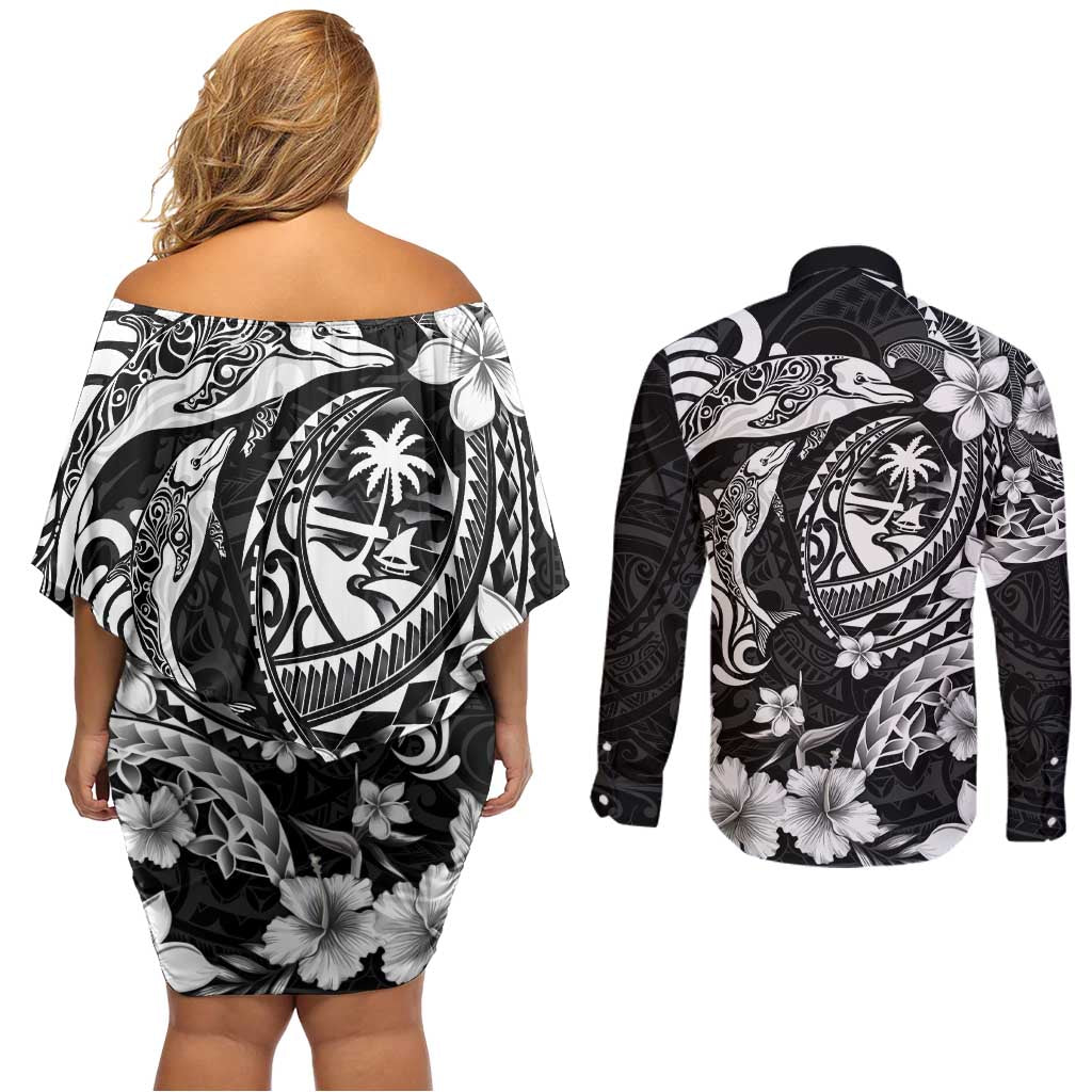 Guam Dolphins Tribal Tattoo Couples Matching Off Shoulder Short Dress and Long Sleeve Button Shirt Polynesian Art and Tropical Flower Grayscale