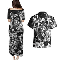 Guam Dolphins Tribal Tattoo Couples Matching Puletasi and Hawaiian Shirt Polynesian Art and Tropical Flower Grayscale