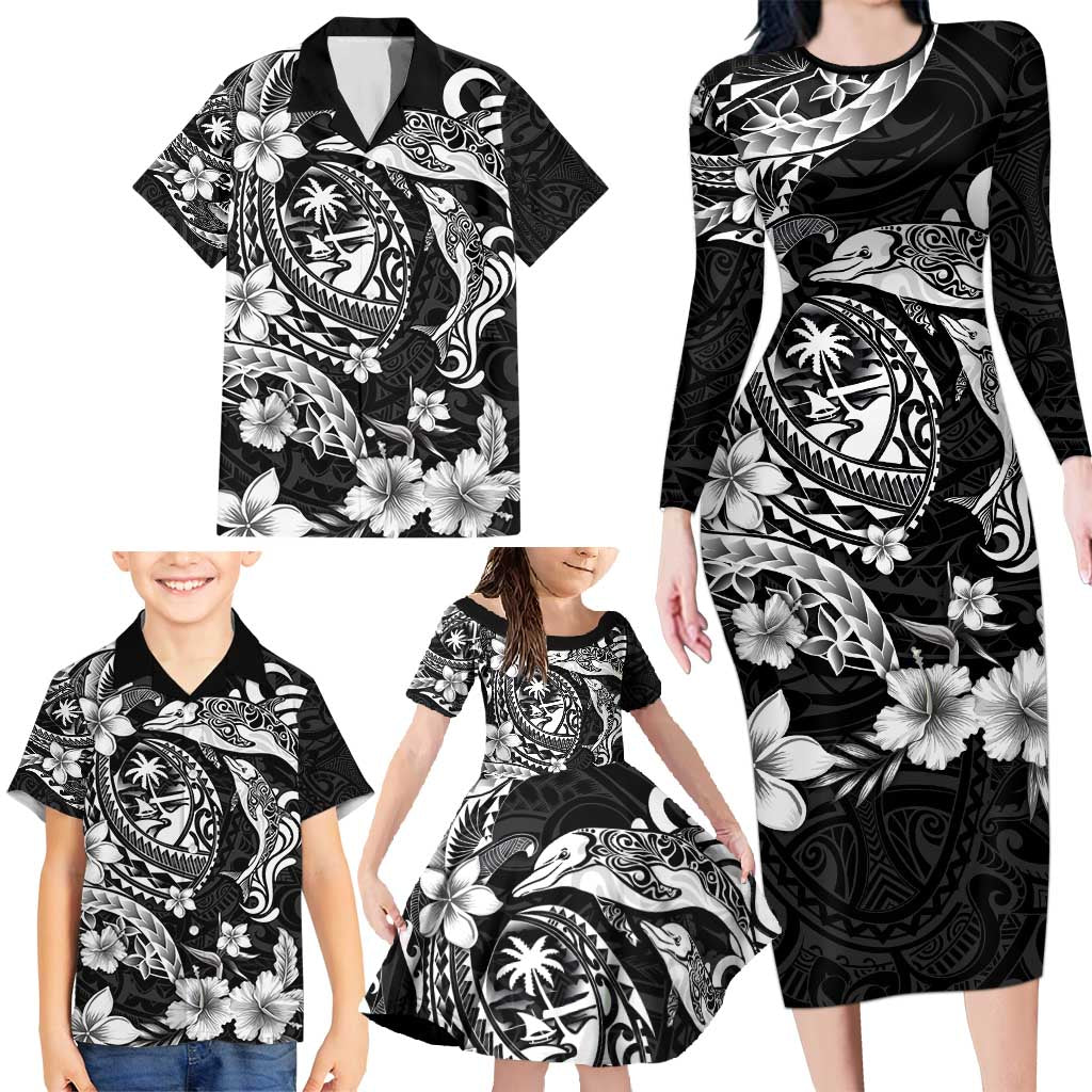 Guam Dolphins Tribal Tattoo Family Matching Long Sleeve Bodycon Dress and Hawaiian Shirt Polynesian Art and Tropical Flower Grayscale LT03 - Polynesian Pride