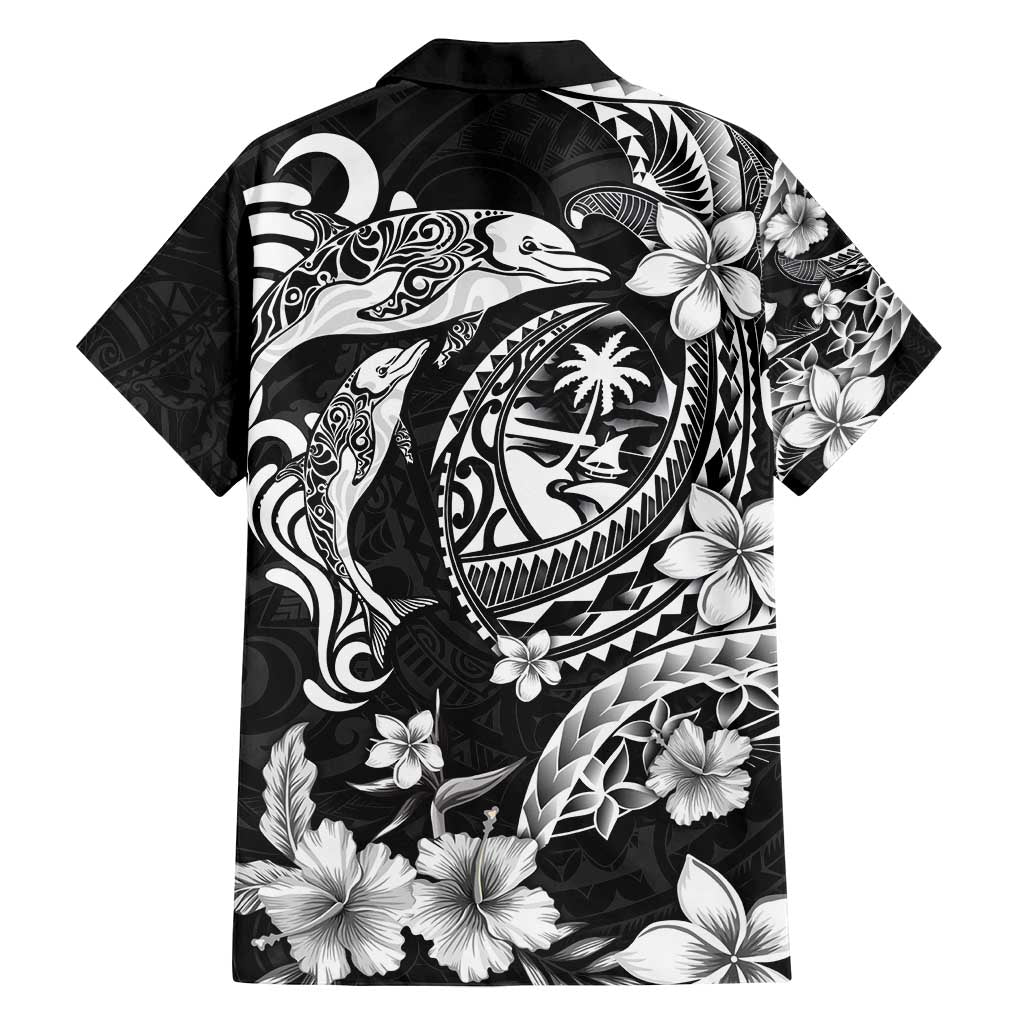 Guam Dolphins Tribal Tattoo Family Matching Long Sleeve Bodycon Dress and Hawaiian Shirt Polynesian Art and Tropical Flower Grayscale LT03 - Polynesian Pride
