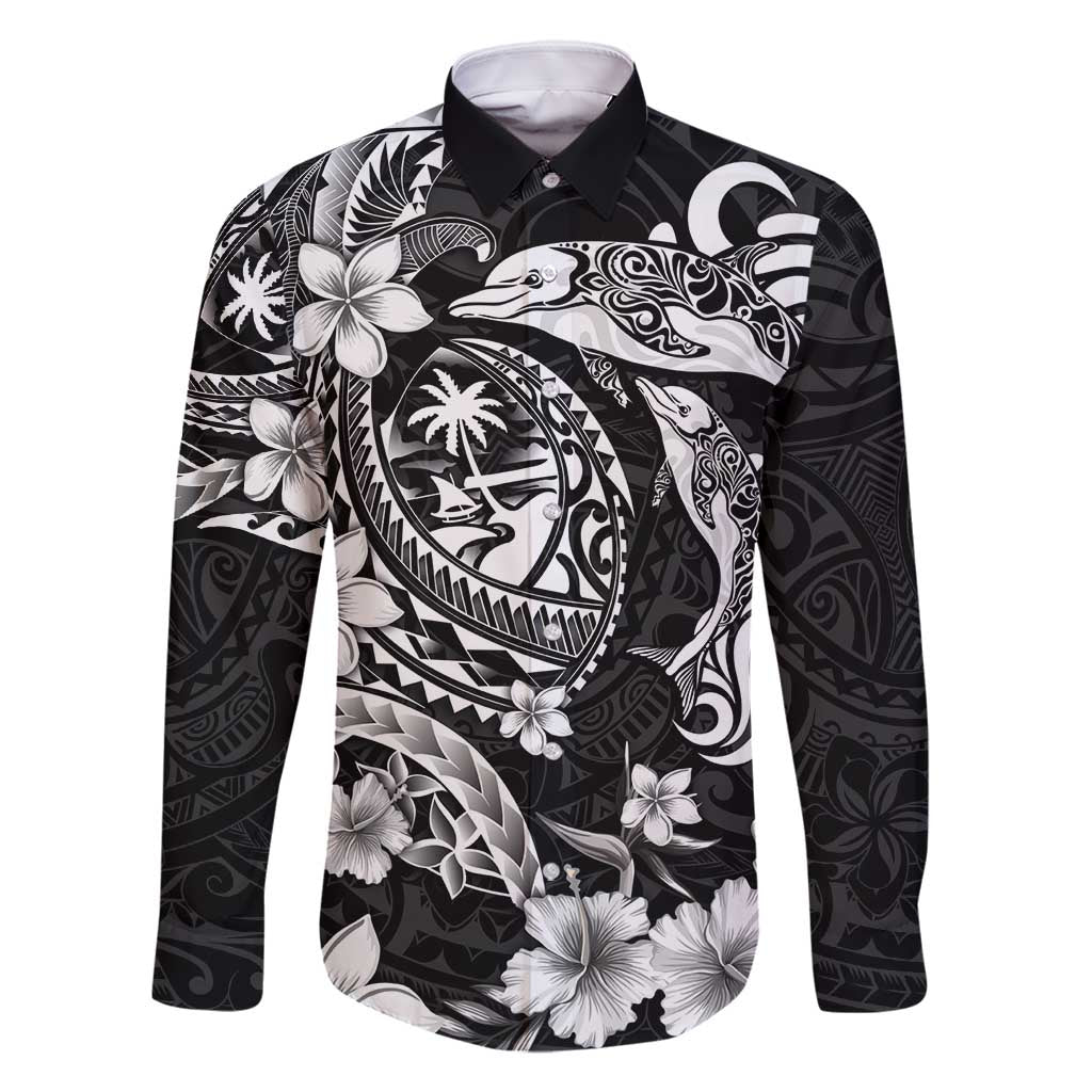 Guam Dolphins Tribal Tattoo Family Matching Mermaid Dress and Hawaiian Shirt Polynesian Art and Tropical Flower Grayscale LT03 Dad's Shirt - Long Sleeve Black - Polynesian Pride