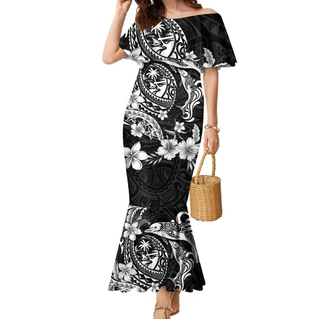 Guam Dolphins Tribal Tattoo Family Matching Mermaid Dress and Hawaiian Shirt Polynesian Art and Tropical Flower Grayscale LT03 Mom's Dress Black - Polynesian Pride