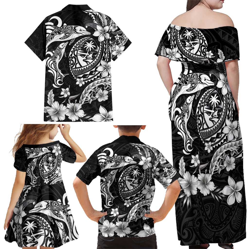 Guam Dolphins Tribal Tattoo Family Matching Off Shoulder Maxi Dress and Hawaiian Shirt Polynesian Art and Tropical Flower Grayscale