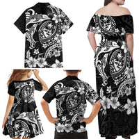 Guam Dolphins Tribal Tattoo Family Matching Off Shoulder Maxi Dress and Hawaiian Shirt Polynesian Art and Tropical Flower Grayscale