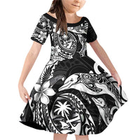 Guam Dolphins Tribal Tattoo Family Matching Off Shoulder Short Dress and Hawaiian Shirt Polynesian Art and Tropical Flower Grayscale LT03 Daughter's Dress Black - Polynesian Pride