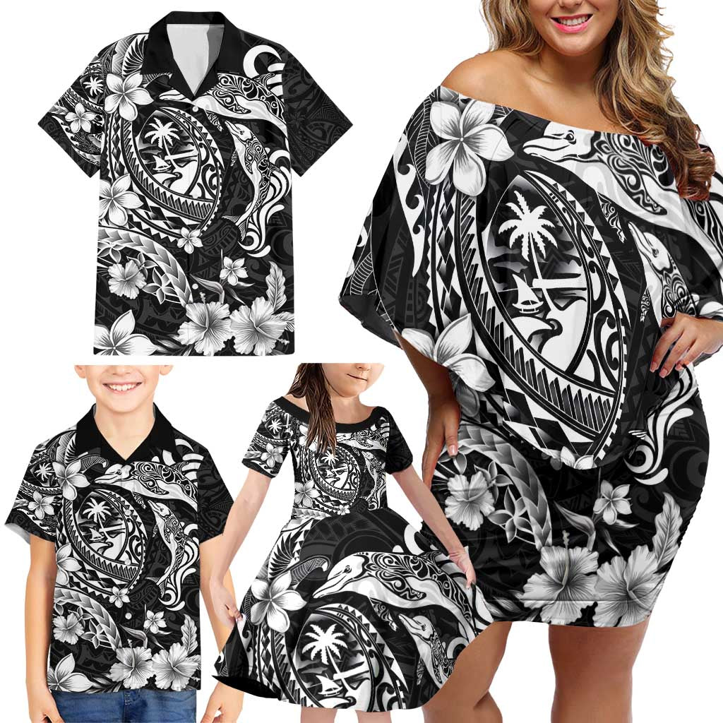 Guam Dolphins Tribal Tattoo Family Matching Off Shoulder Short Dress and Hawaiian Shirt Polynesian Art and Tropical Flower Grayscale LT03 - Polynesian Pride