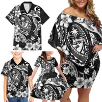 Guam Dolphins Tribal Tattoo Family Matching Off Shoulder Short Dress and Hawaiian Shirt Polynesian Art and Tropical Flower Grayscale LT03 - Polynesian Pride