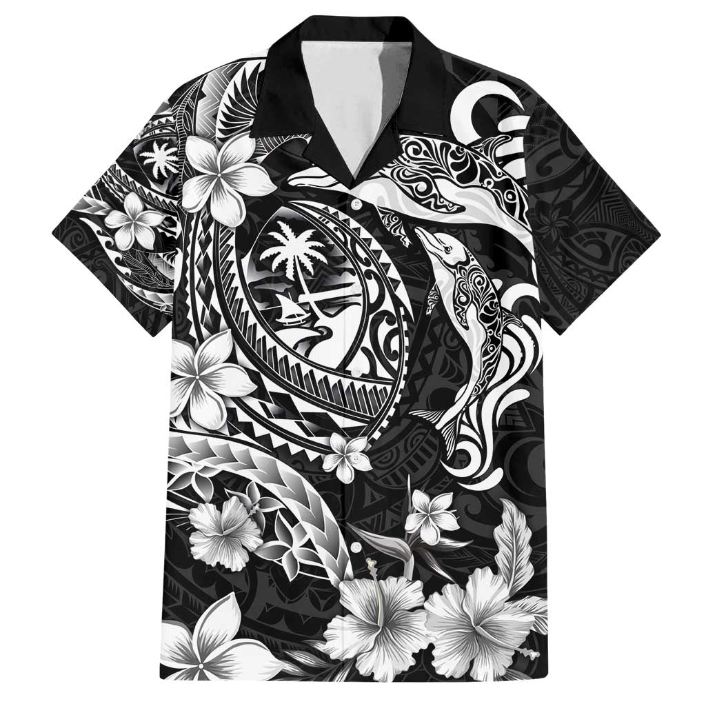 Guam Dolphins Tribal Tattoo Family Matching Off Shoulder Short Dress and Hawaiian Shirt Polynesian Art and Tropical Flower Grayscale LT03 Dad's Shirt - Short Sleeve Black - Polynesian Pride